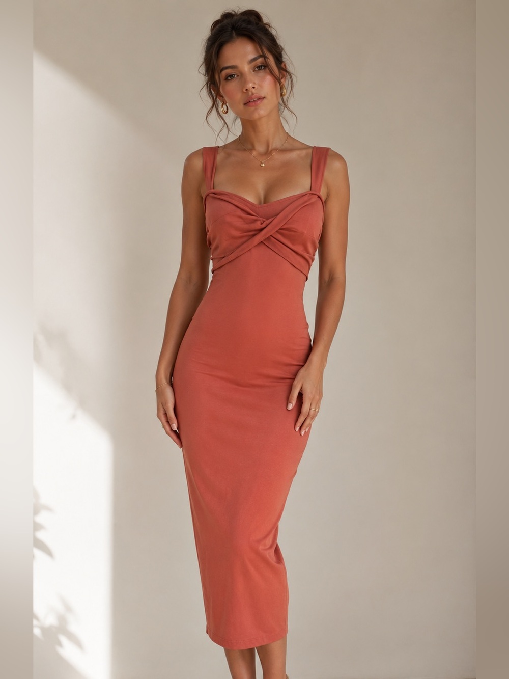 Elegant Coral Twist-Front Midi Dress | Sleeveless Bodycon Cocktail Dress - NWT